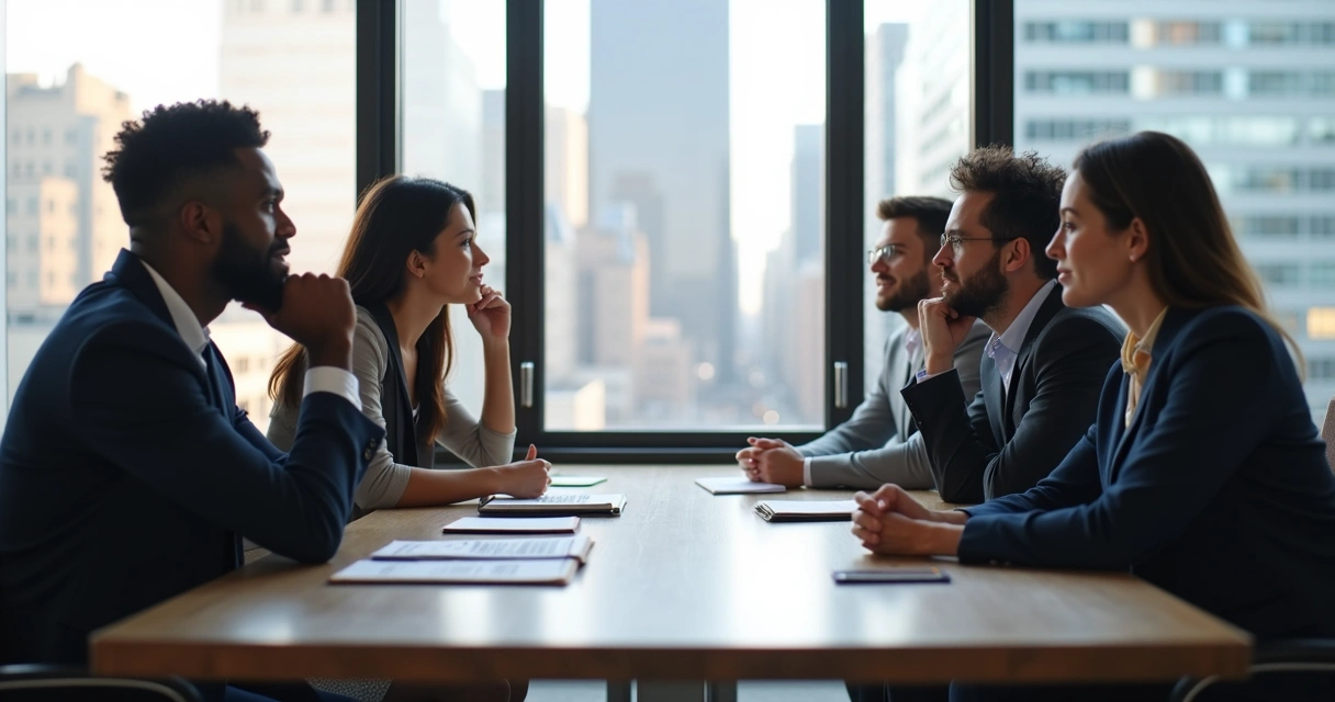 Business team reflecting at a modern workplace table 