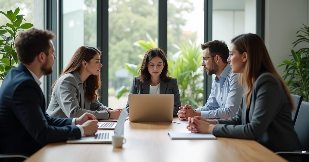 Team pausing in a meeting before making a decision 