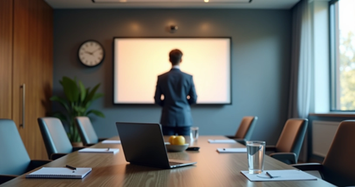 Quiet meeting room with a person pausing to breathe before a presentation 