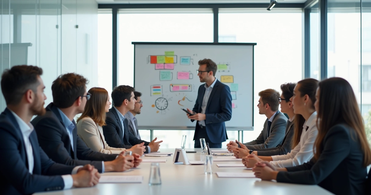 People sitting in a modern meeting room, listening and speaking, whiteboard in the background 