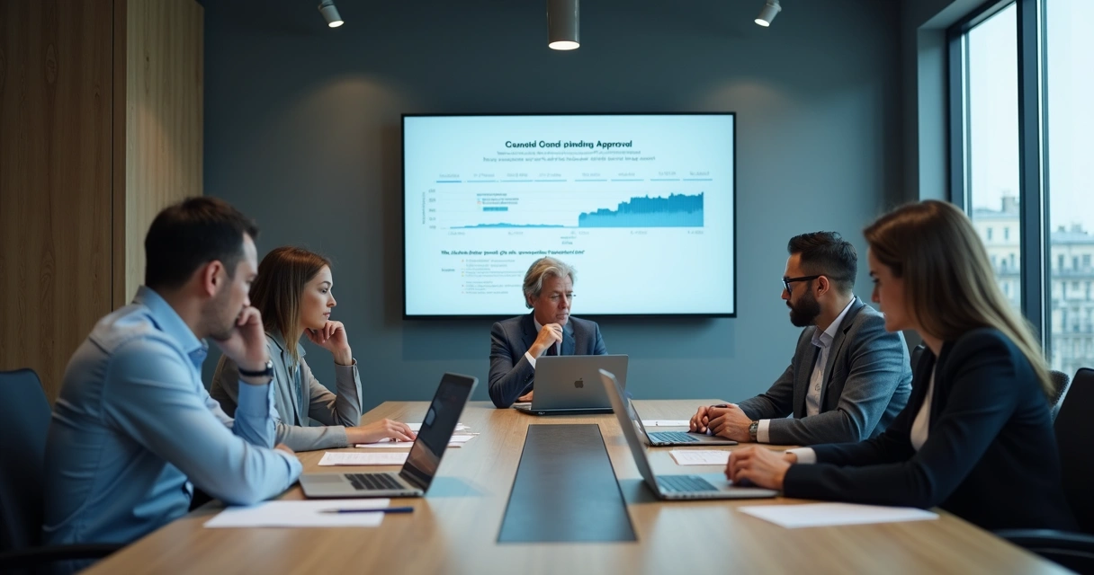 Team waiting in a meeting room while one person hesitates over a decision