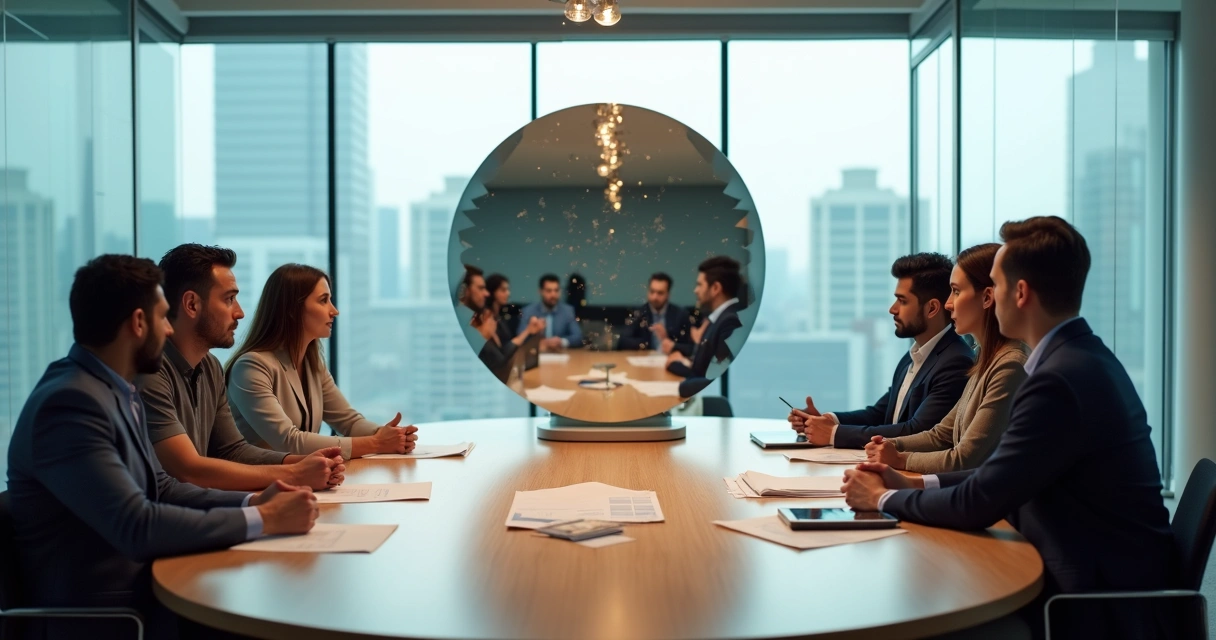 Team around table reflected as fragmented faces in central mirror 