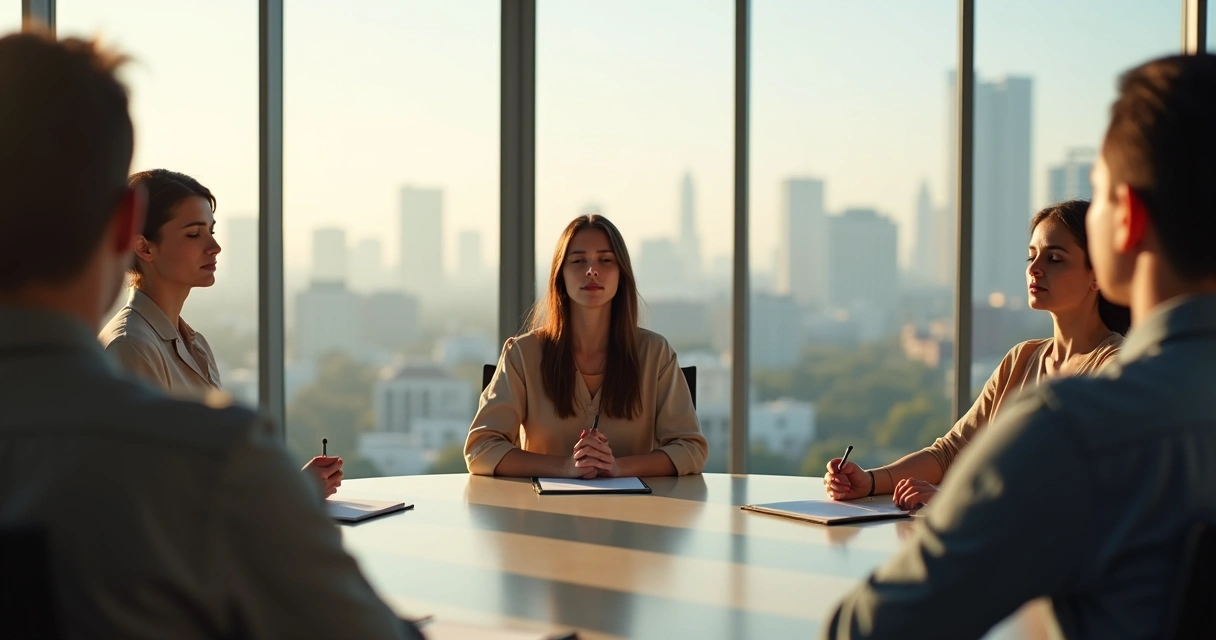 Business meeting with a team practicing mindfulness, some with closed eyes 