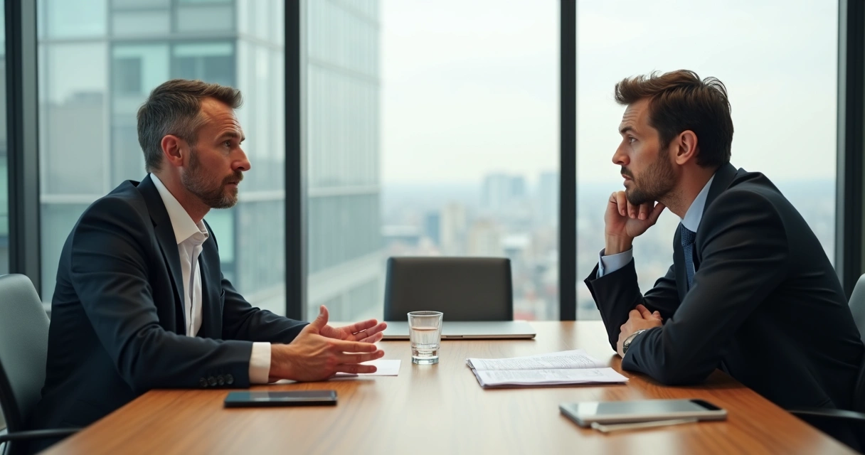 Two professionals in a tense negotiation meeting across a table