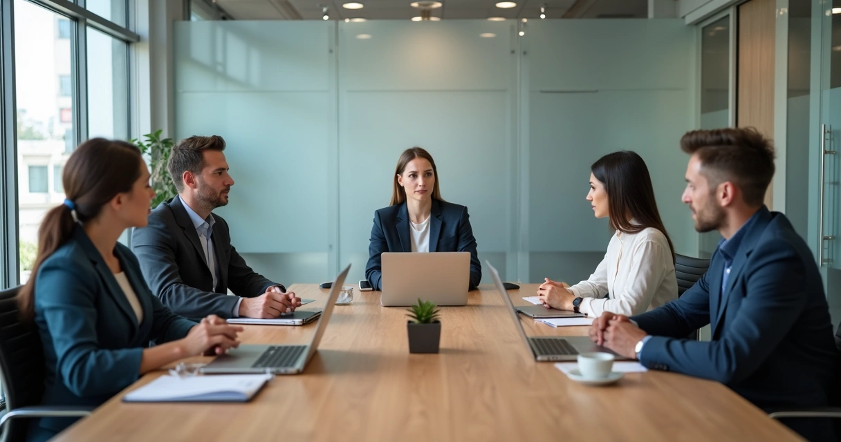 Team sitting quietly in a meeting room while one person waits to speak