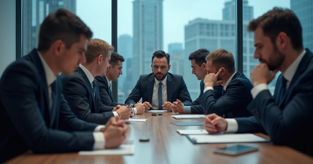 Several businesspeople at a conference table with tense body language, looking away from each other.
