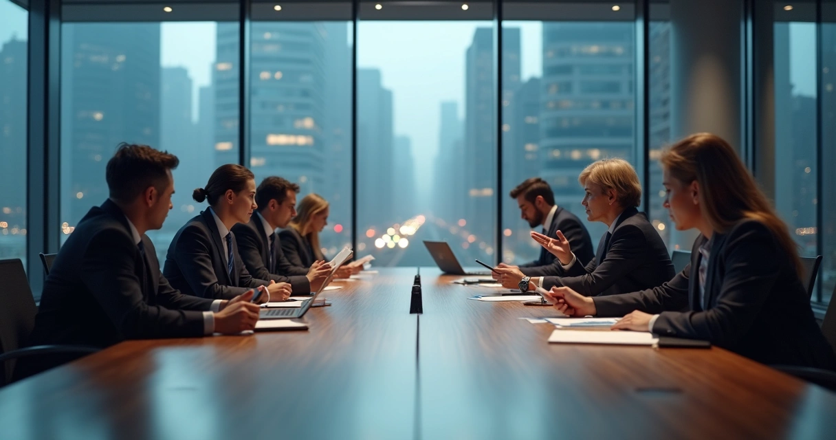 Executive team in a glass office frozen mid-decision on a suspended tightrope table 