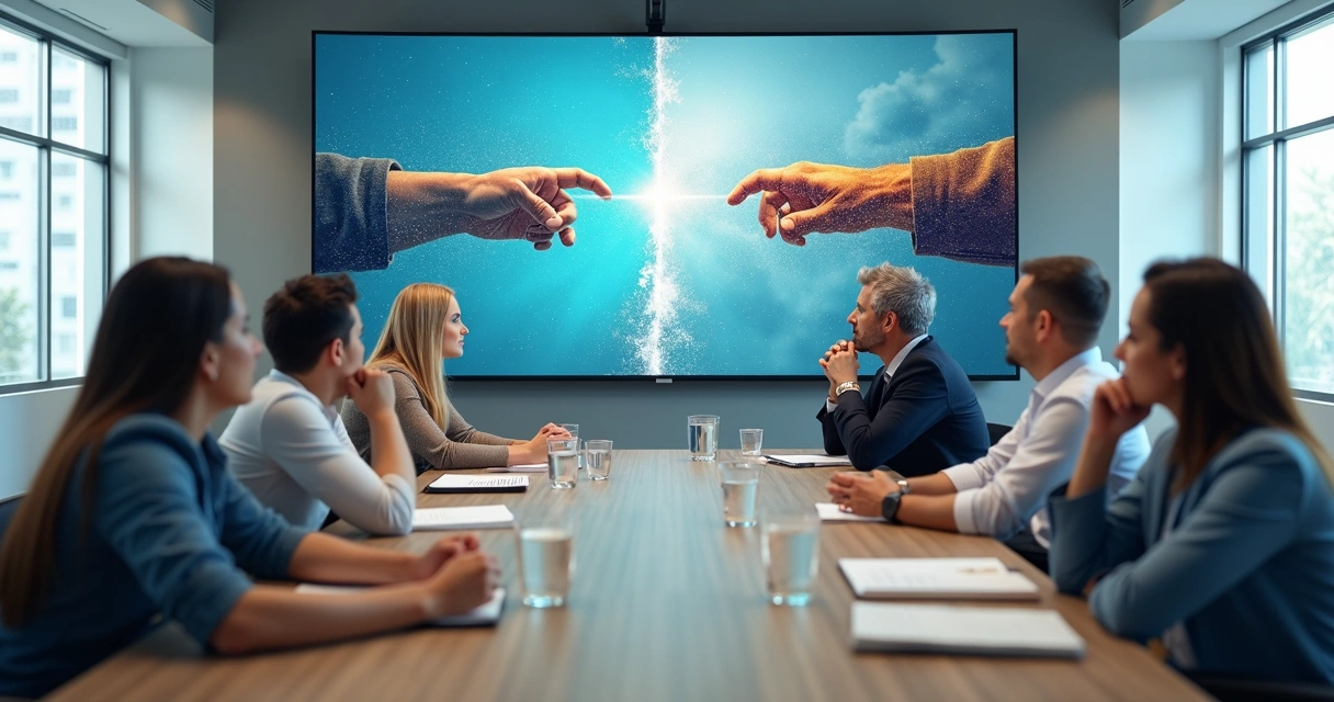 Group around a table with divided and connected paths on a wall 