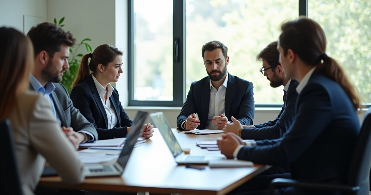 Colleagues in a modern office meeting room sitting quietly, avoiding eye contact