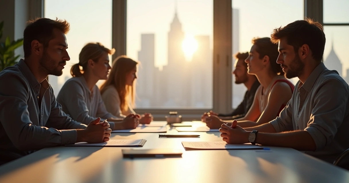 Participants in a meeting sitting quietly, reflecting after a discussion. 