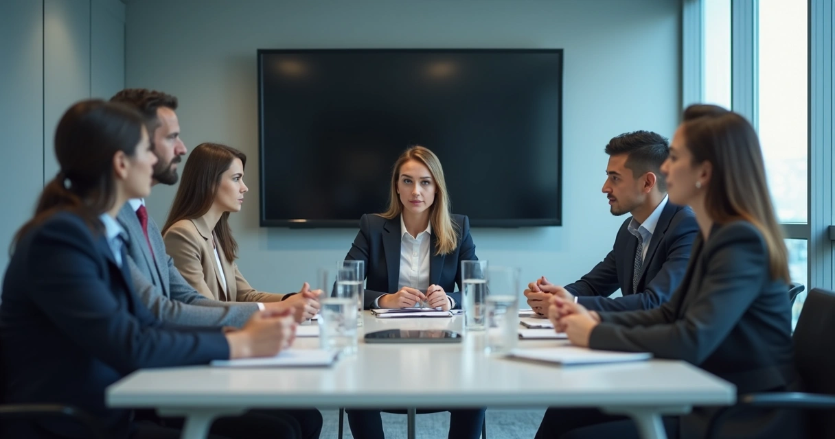 Team sitting quietly in a meeting room as one person hesitates to speak 