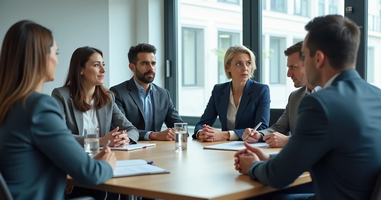 Team meeting with one person silent while others nod 