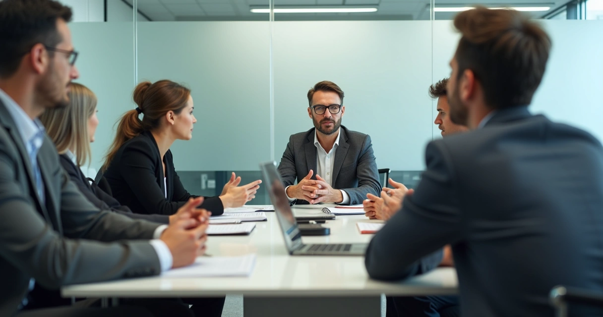 Team meeting with subtle status cues and body language 