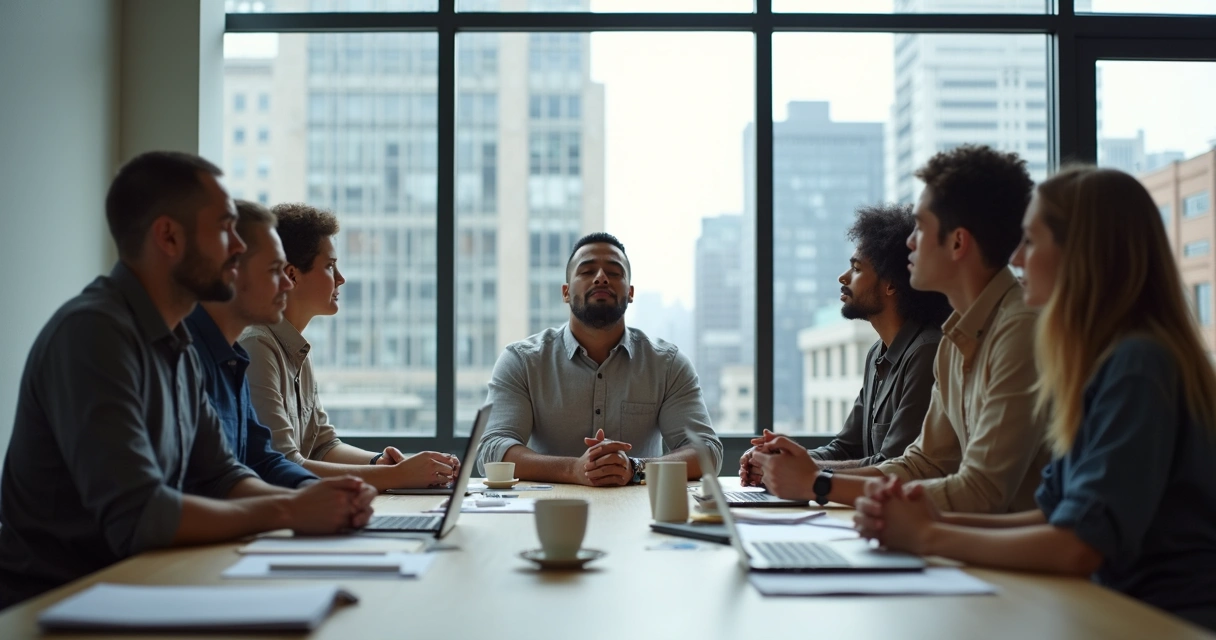 Team meeting with leader pausing to breathe while others watch