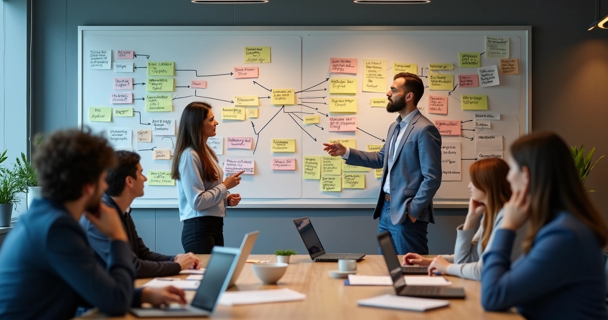 Team reviewing a visual system map during a meeting 