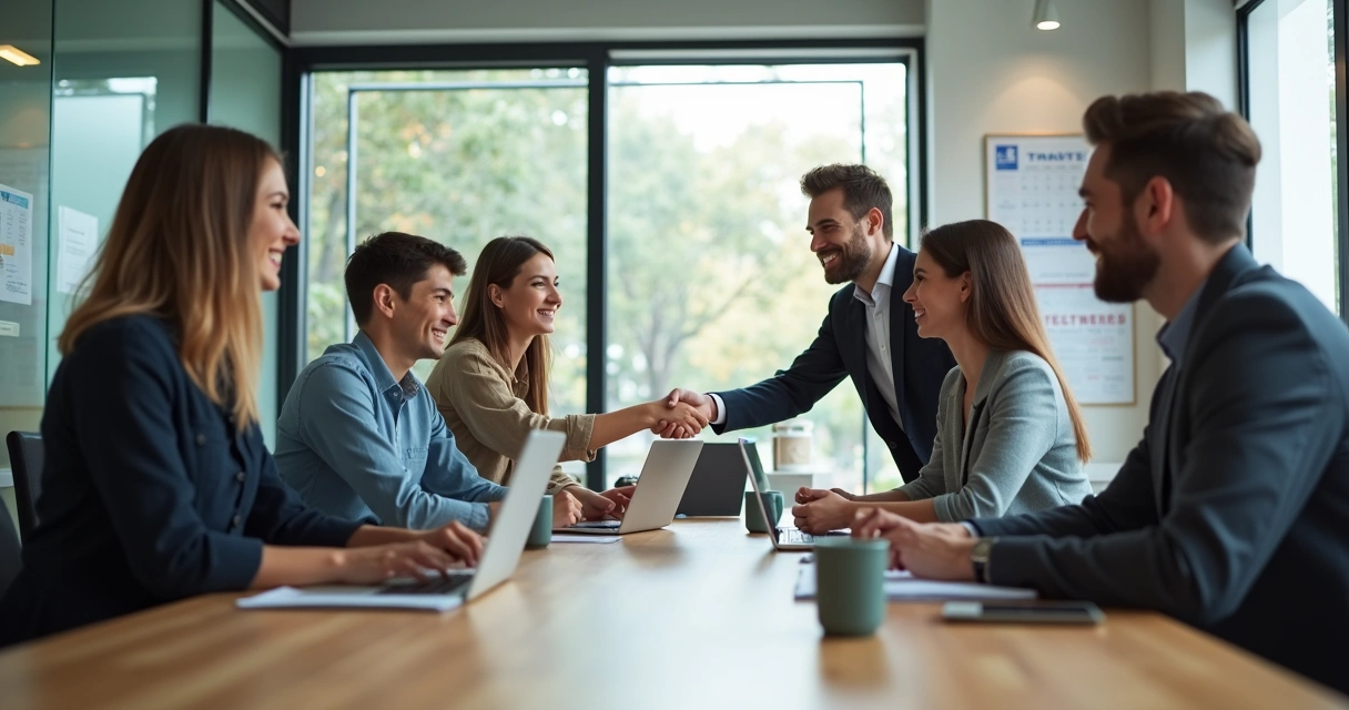 Colleagues in meeting room exchanging thank-you gestures 