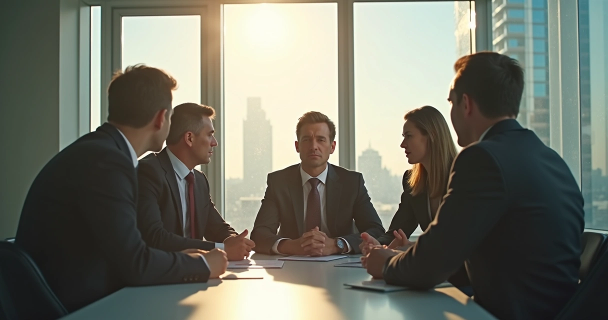 Team in a meeting around table, two people tense, sunlight from window 