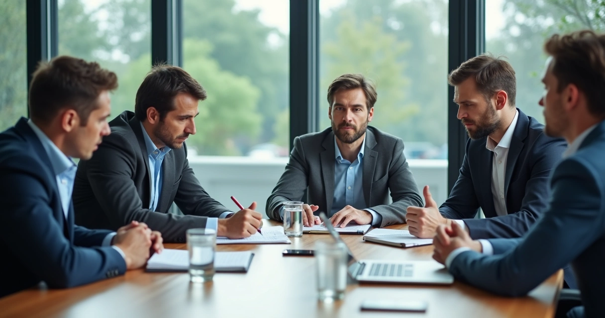 Negotiation table with tense body language and handwritten notes 
