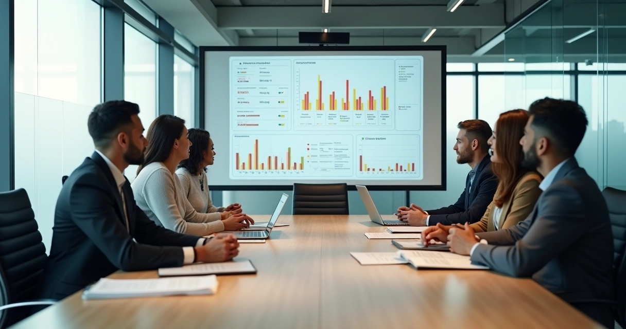 Team reviewing honest project data in a glass meeting room