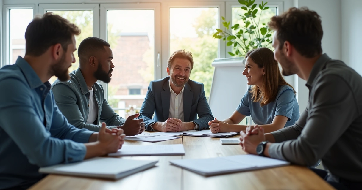 Group gathered around table in discussion, suggesting team trust 