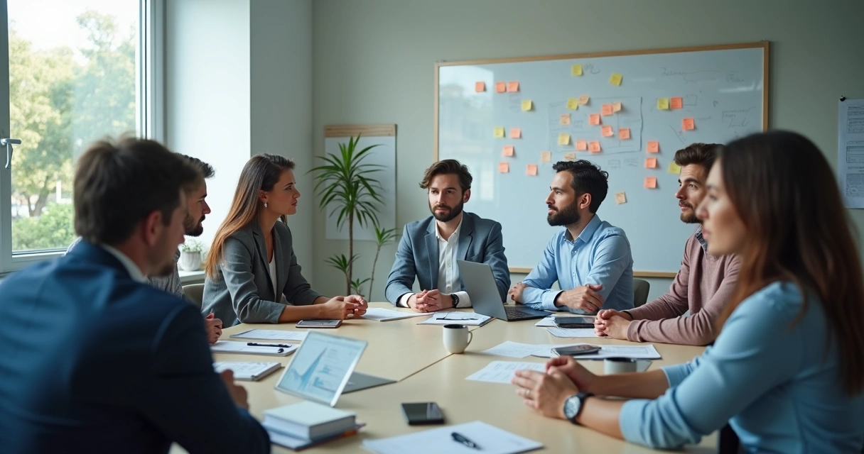 Team meeting around a whiteboard with mixed reactions