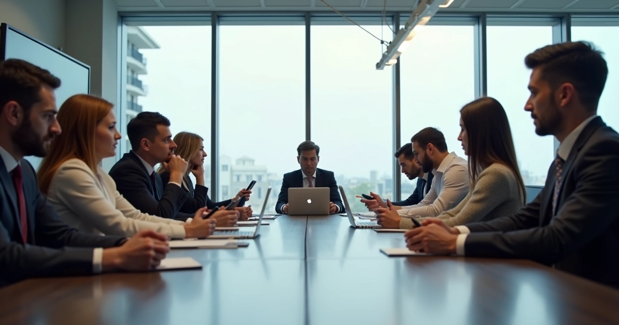 Team meeting where some people look distracted, others attentive 