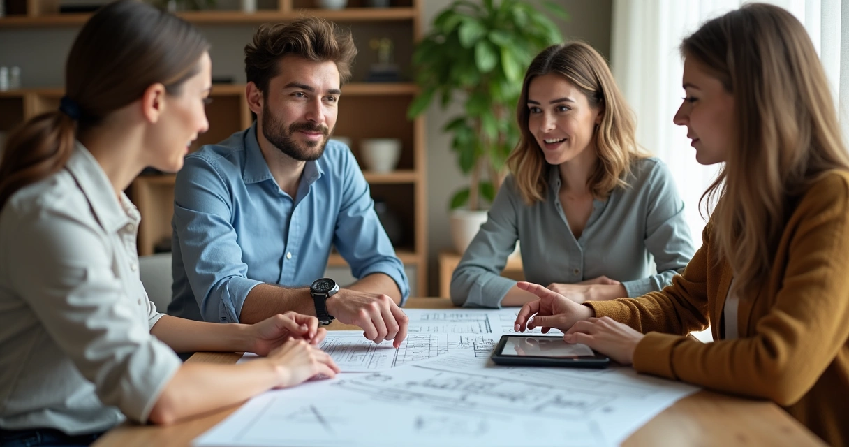 People reviewing construction plans with a mortgage advisor 