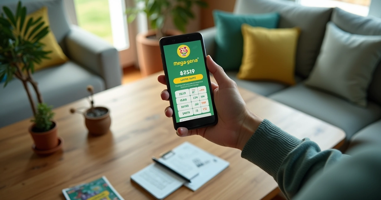 Pessoa conferindo bilhete Mega-Sena online no smartphone e anotações ao lado. 
