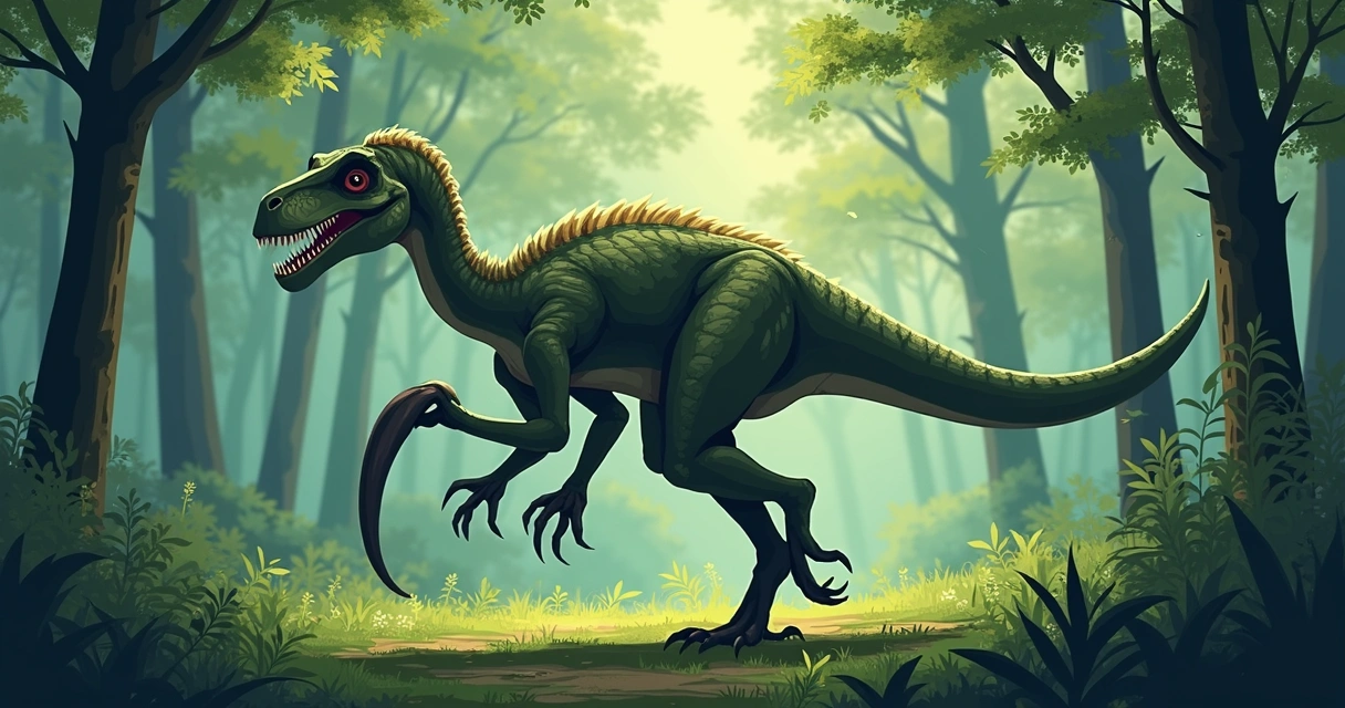 Megaraptor correndo em floresta densa 