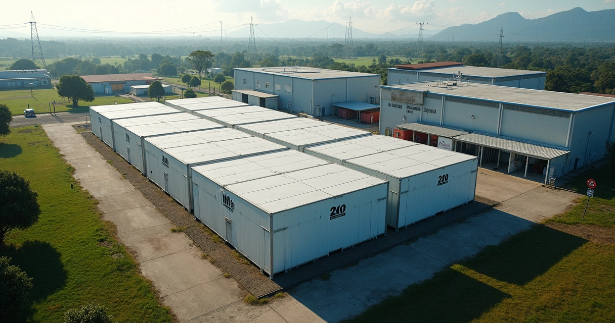 Vista aérea de contêineres de baterias em planta industrial, céu claro e infraestrutura moderna 