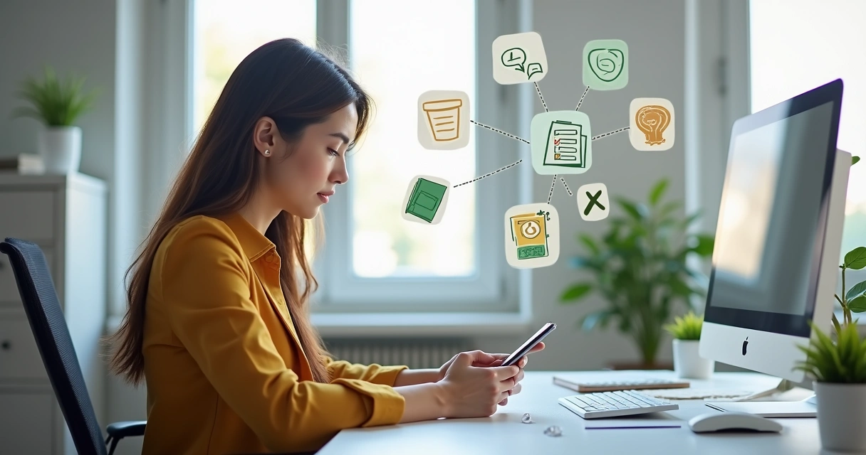 Mulher usando celular para atendimento digital, com símbolos de contabilidade em fundo claro 