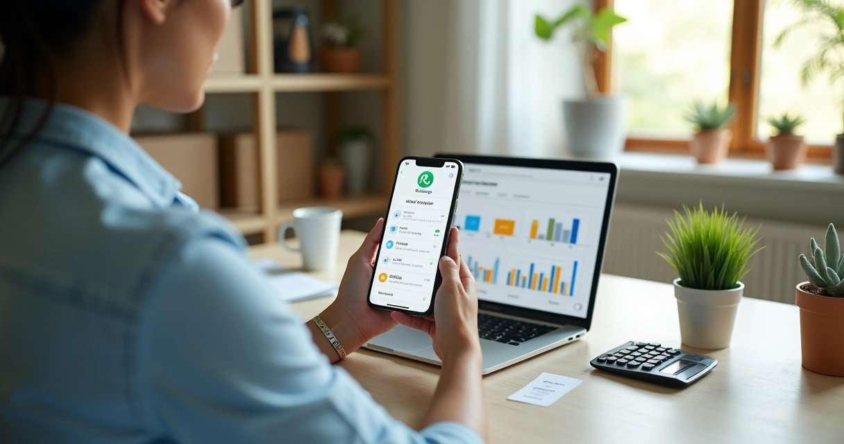 Microempreendedora usando celular para cuidar da contabilidade digital em escritório moderno 