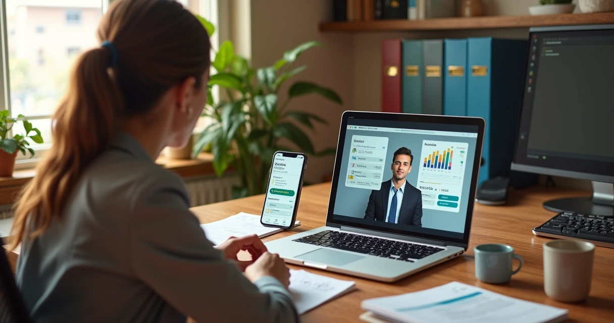 MEI conversando com contador em reunião online com documentos financeiros na mesa 