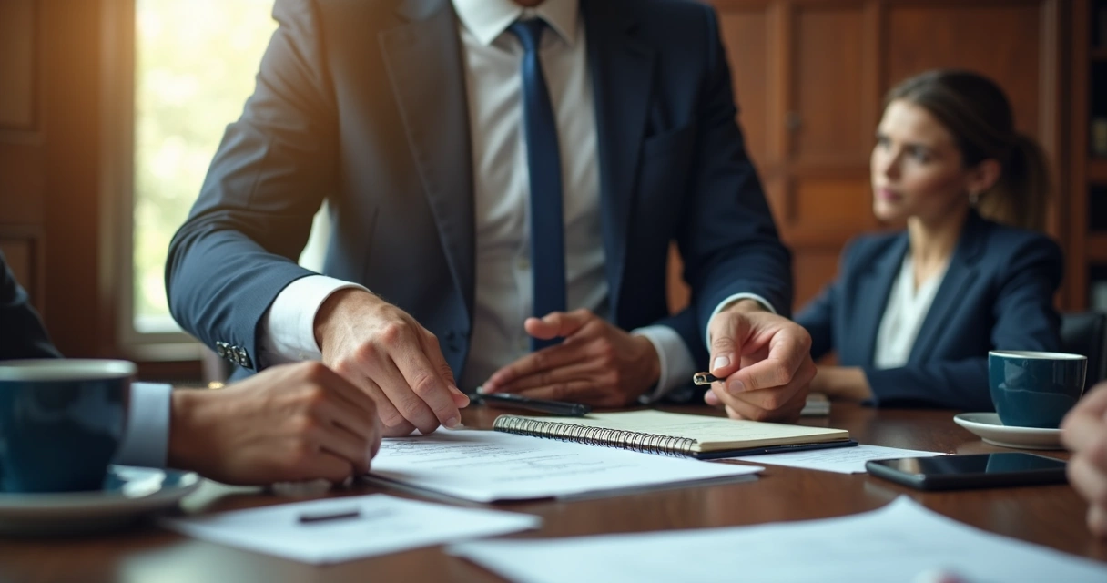 Empreendedor MEI sentado em mesa com dois funcionários, carteira de trabalho e notebook na mesa 