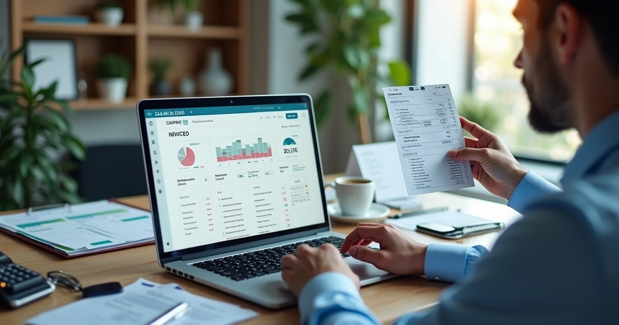 Empreendedor MEI analisando guia DAS de 2026 no notebook com gráficos fiscais 