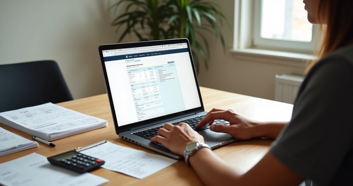 Microempreendedor preenchendo declaração anual do MEI em notebook com documentos organizados na mesa 