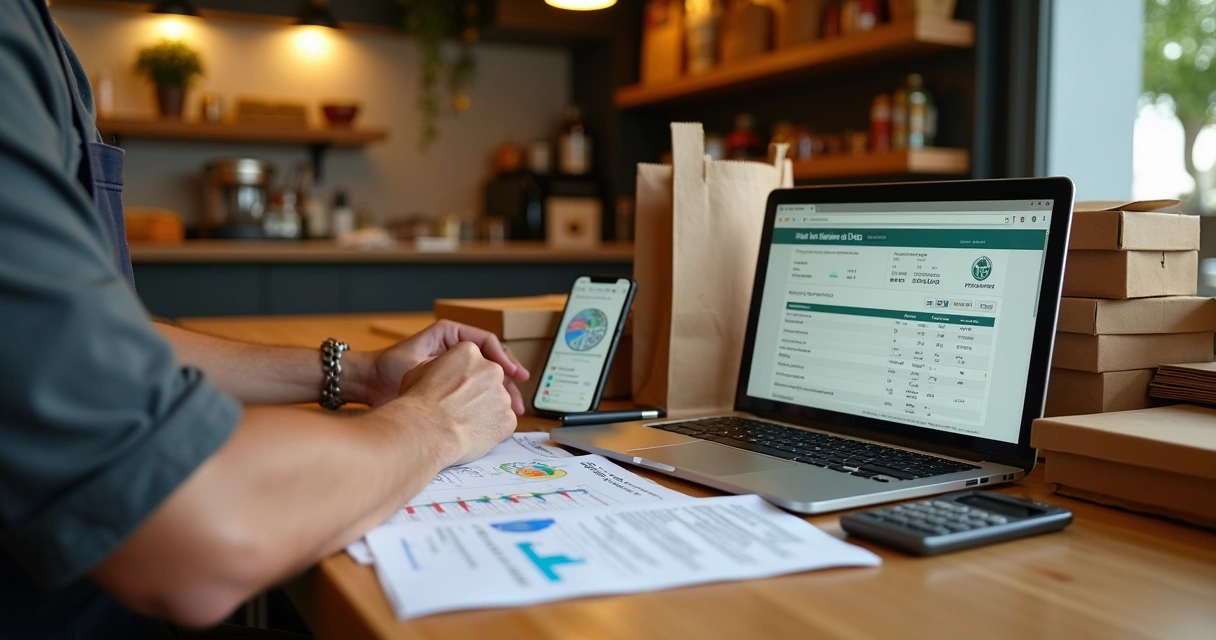 Dono de pequeno delivery de comida analisando documentos de MEI no notebook 