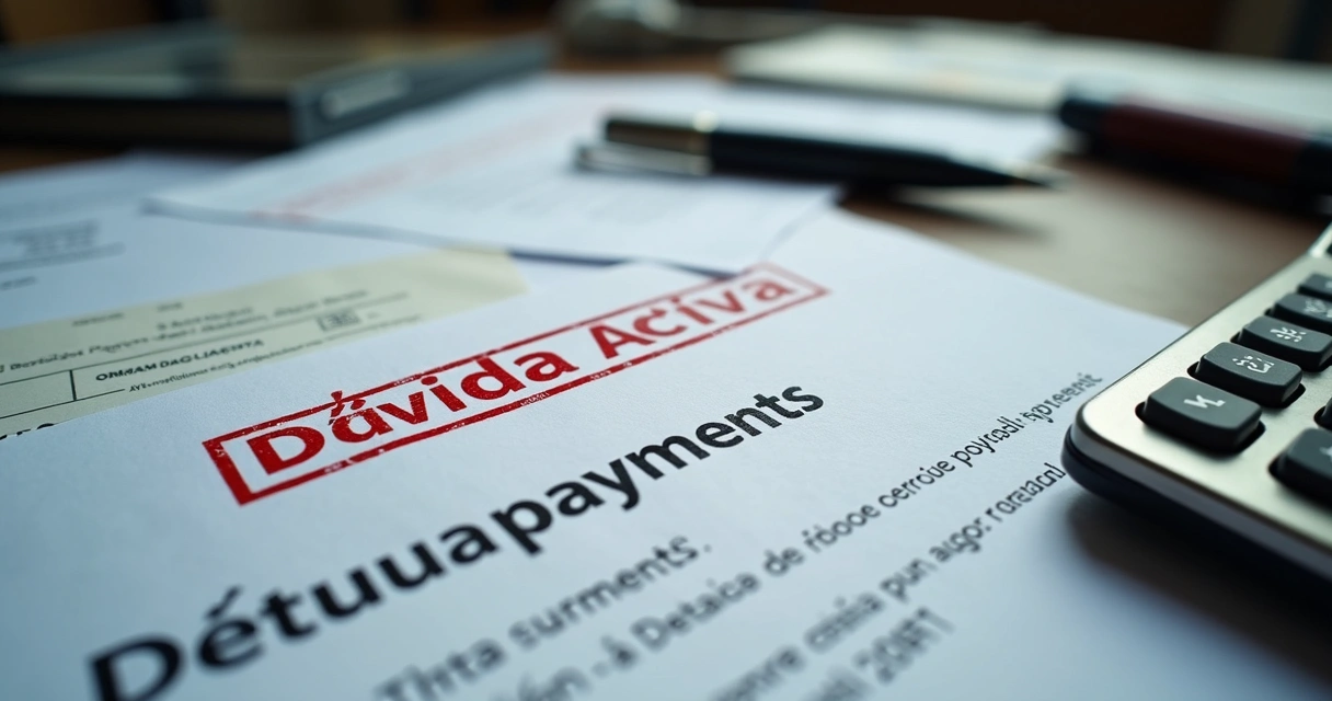 Cartas de cobrança e carimbo de dívida ativa sobre mesa com calculadora. 