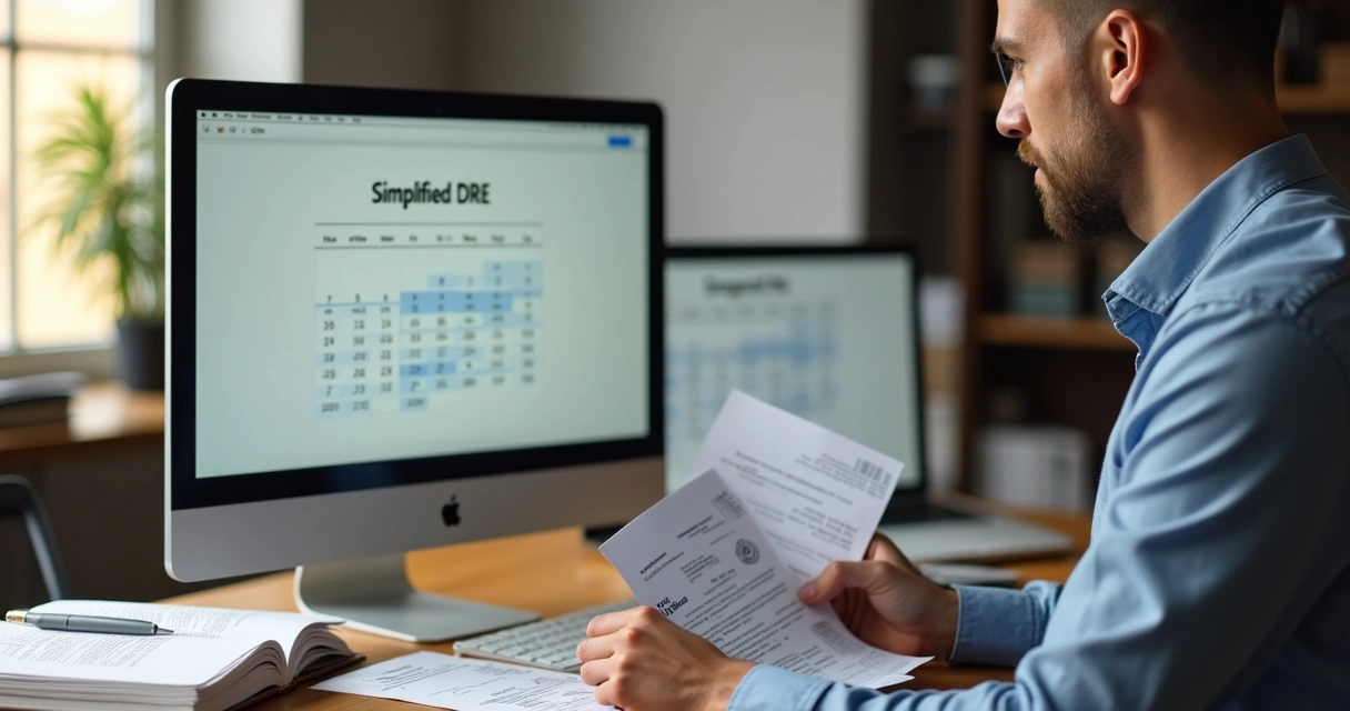 Empresário analisando documentos e DRE em um escritório pequeno 