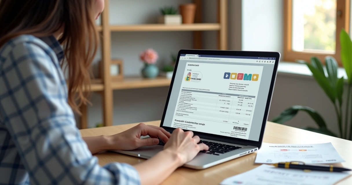 Pessoa digitando nota fiscal online com computador e papéis 