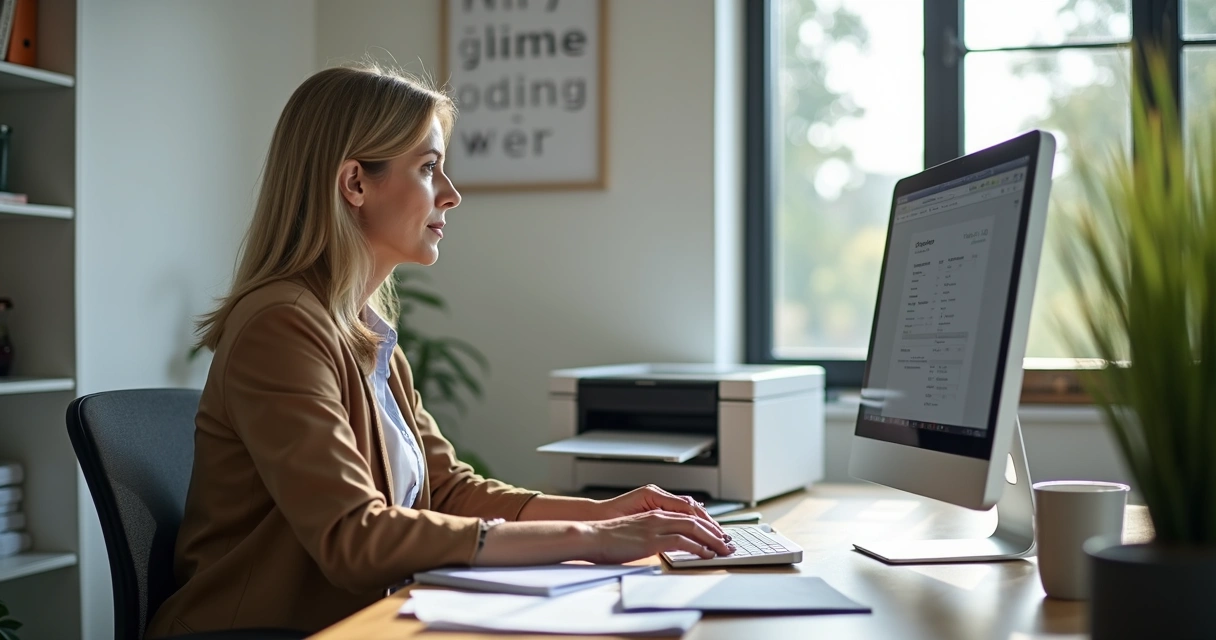 Microempreendedora em escritório emitindo nota fiscal eletrônica em computador 