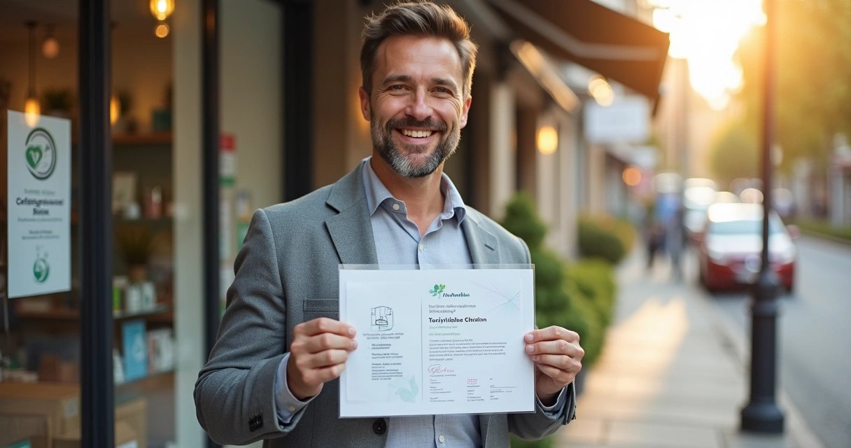 Empreendedor feliz em frente a loja segurando certificado de regularidade fiscal. 