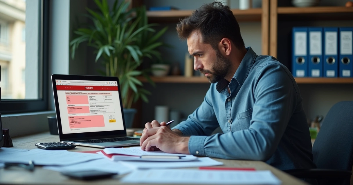 Microempreendedor preocupado analisando documentos fiscais e notificações do Simples Nacional 