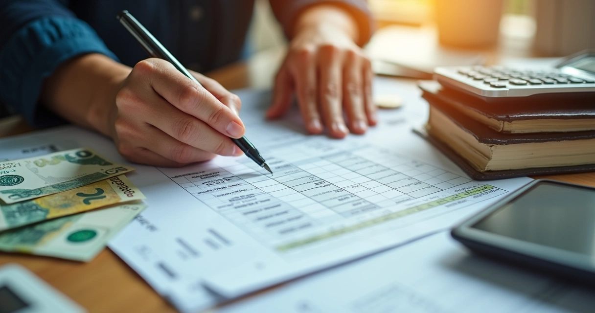 Mãos preenchendo planilha financeira com dinheiro ao lado. 