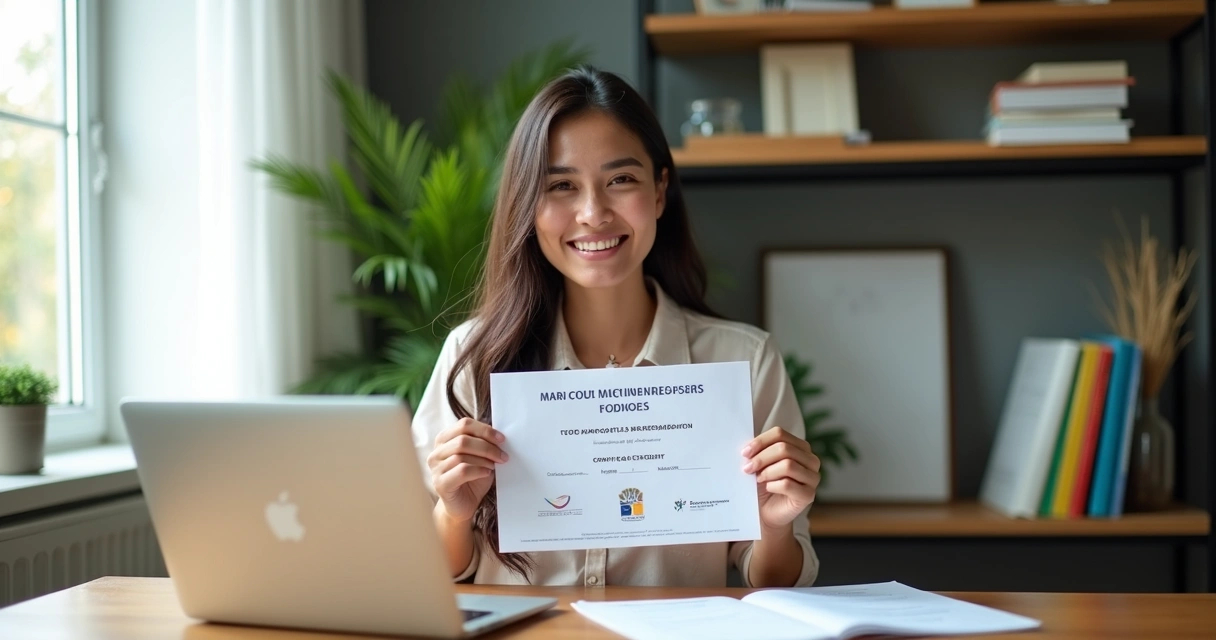 Microempreendedora mostra certificado de MEI e CNPJ em escritório com computador 