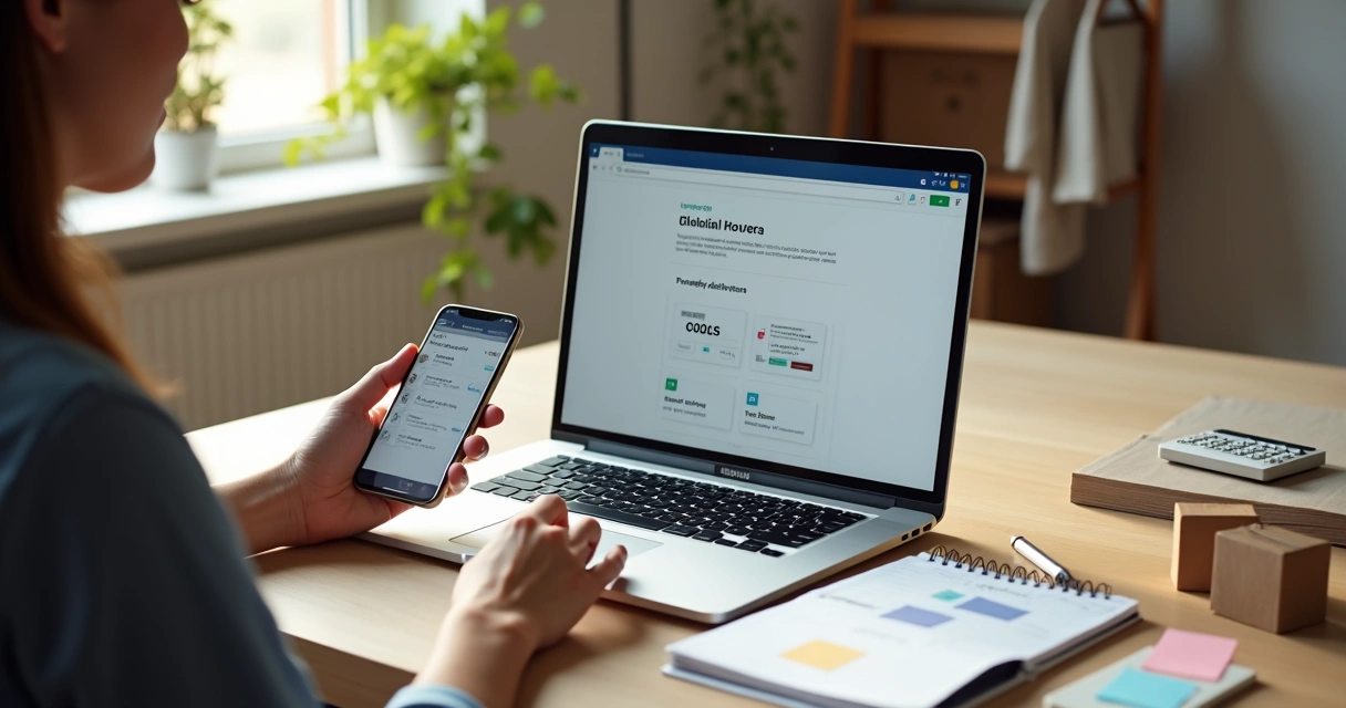 Microempreendedor MEI sentado em mesa gerando boletos no notebook e celular 