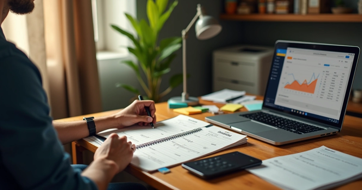 Microempreendedor brasileiro organizando finanças com caderno e notebook sobre a mesa 