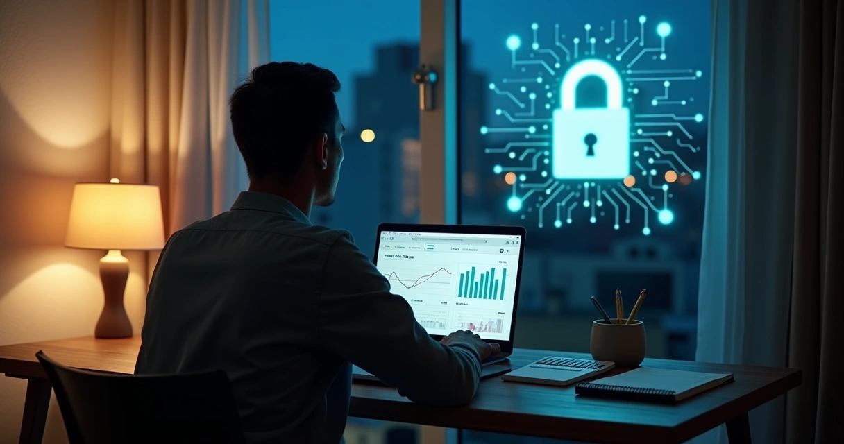 Microempreendedor trabalhando em home office com painel financeiro em notebook e cadeado digital flutuando ao fundo 