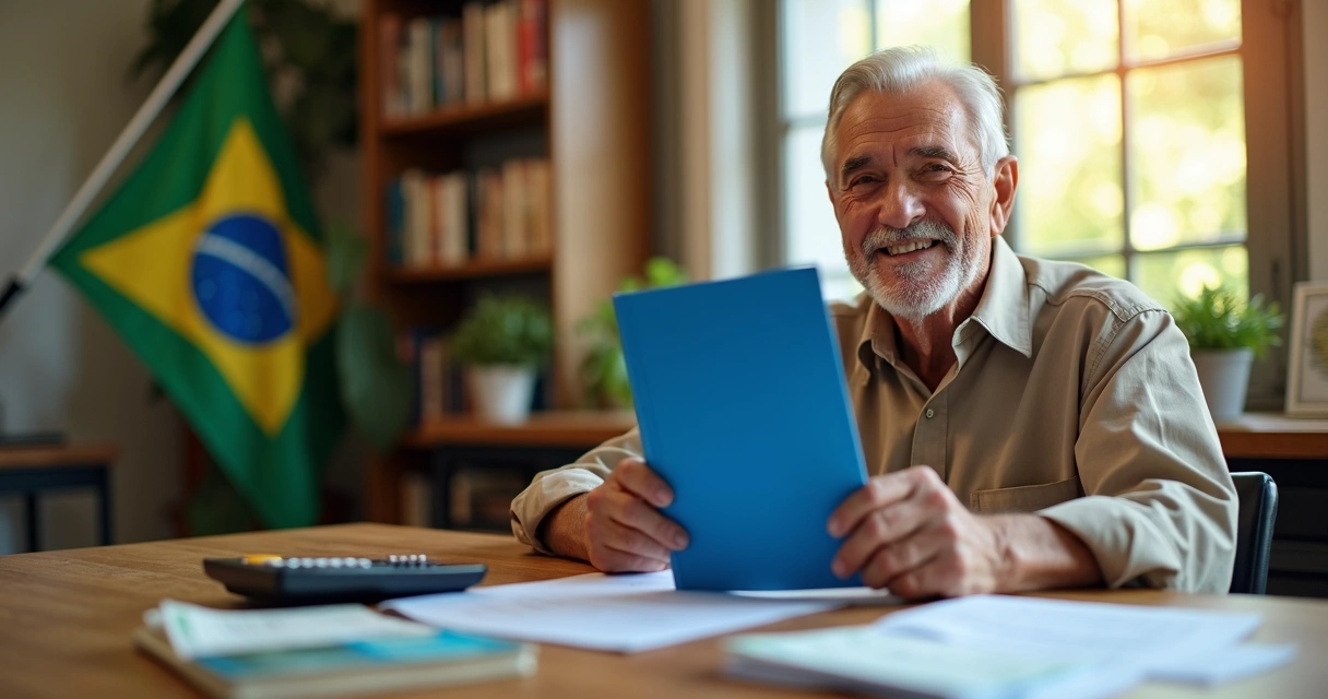 Pessoa idosa segurando carteira de trabalho azul 