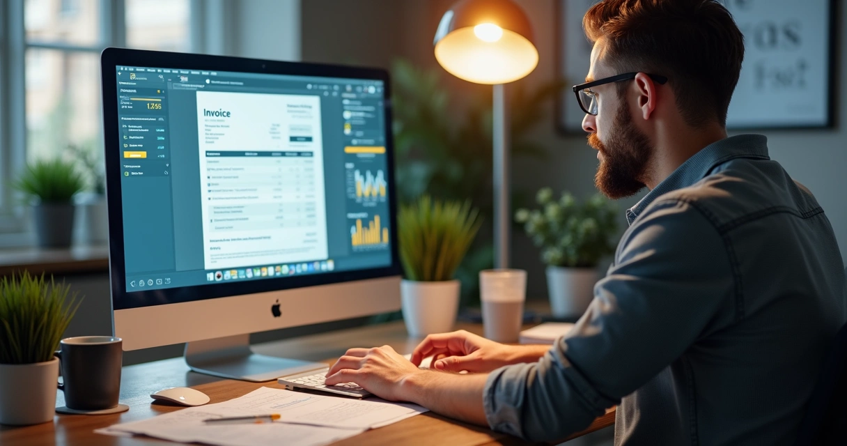 Homem digitando nota fiscal digital em computador 